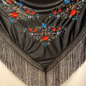 Embroidered Black Floral Shawl with Fringe
